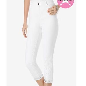 Ruby‎ Rd Plus Stretch White Denim bling rhinestone Hem Pull-On Crop Pants 24W